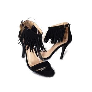 Chase & Chloe Women's Fringe Accent Faux Suede Black Sandals Size 7